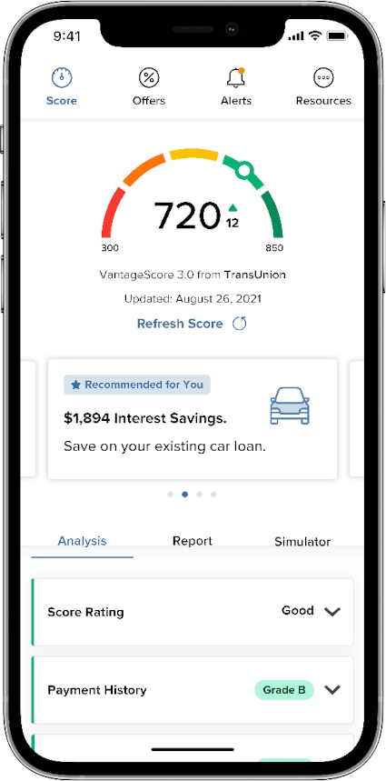 Mobile Screen displaying Credit Sense application
